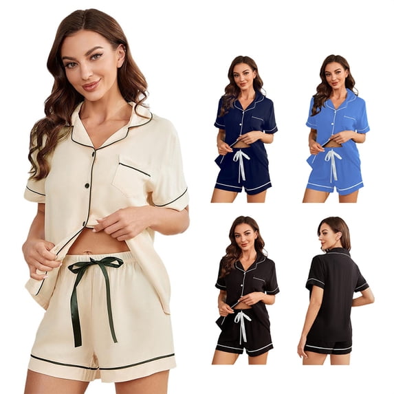 FJUCHAI Womens Pajamas Pjs Set 2Pcs Summer Short Sleeve Button Down Loungewear Set Solid Color Sleepwear Two Piece Pjs Shorts Set,S-XL