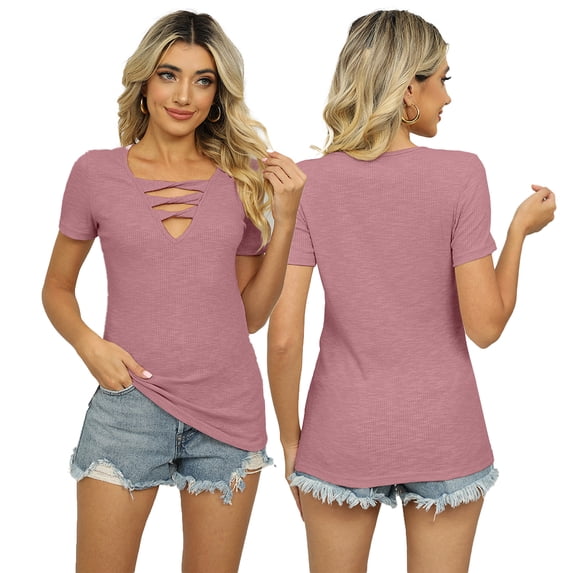 FJUCHAI Womens Short Sleeve T Shirts V Neck Loose Summer Tees Basic Tunic T Short Sleeve Tee Casual Tops S-XXL