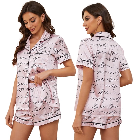 FJUCHAI Womens Silk Satin Pajamas Pjs 2Pcs Set Printing Short Sleeve Loungewear Two-Piece Sleepwear Button-Down Sleep Set S-XL