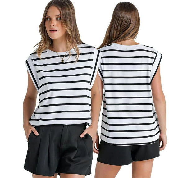 FJUCHAI Womens Striped Tees Shirts Summer Loose Vests Shirts Women Sleeveless Knit Shirts Crew Neck Tops Shirt