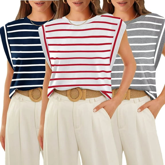 FJUCHAI Womens Striped Tees Shirts Summer Loose Vests Shirts Women Sleeveless Knit Shirts Crew Neck Tops Shirt