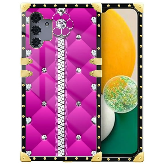 FKBRCL4U Compatible with Samsung Galaxy A13 Case, Glitter Pink Sofa Leather Zip Crystal Luxury Golden Decoration for Girl Women Soft TPU Shockproof Protective Hard PC Back