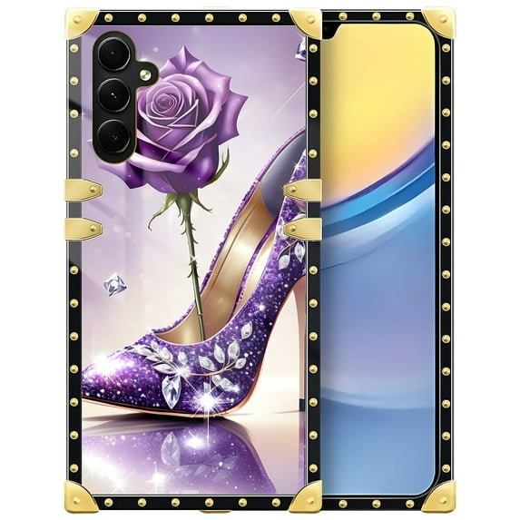 FKBRCL4U Compatible with Samsung Galaxy A15 Case, High Heeled Purple Diamond Rose Luxury Golden Decoration for Girl Women Soft TPU Shockproof Protective Hard PC Back
