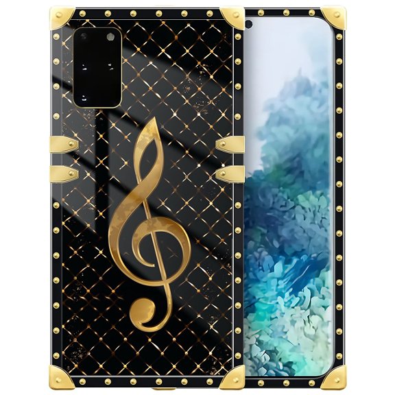 FKBRCL4U Compatible with Samsung Galaxy S20 Plus Case, Black Leather Background Gold Music Notes Luxury Golden Decoration for Girl Women Soft TPU Shockproof Protective Hard PC Back