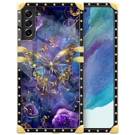 FKBRCL4U Compatible with Samsung Galaxy S21 FE Case, Glistening Golden Butterfly Vibrant Purple Blue Luxury Golden Decoration for Girl Women Soft TPU Shockproof Protective Hard PC Back