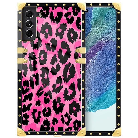 FKBRCL4U Compatible with Samsung Galaxy S21 FE Case, Pink Black Leopard Luxury Golden Decoration for Girl Women Soft TPU Shockproof Protective Hard PC Back