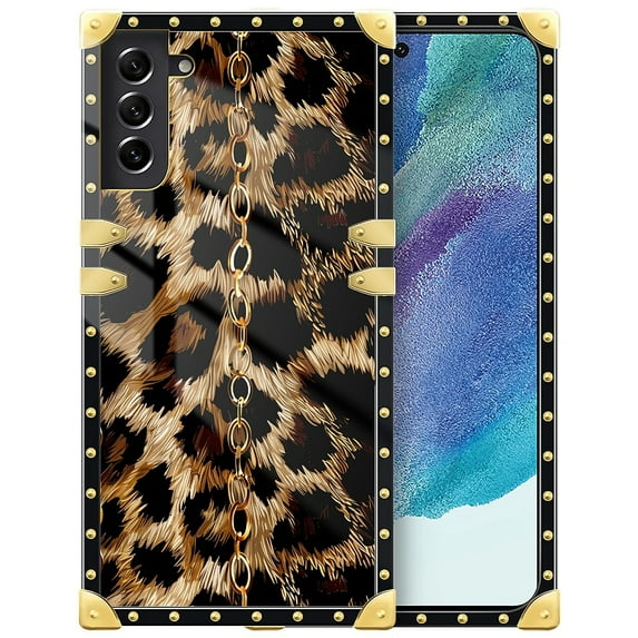 FKBRCL4U Compatible with Samsung Galaxy S21 FE Case, Seamless Gold Chain Leopard Luxury Golden Decoration for Girl Women Soft TPU Shockproof Protective Hard PC Back