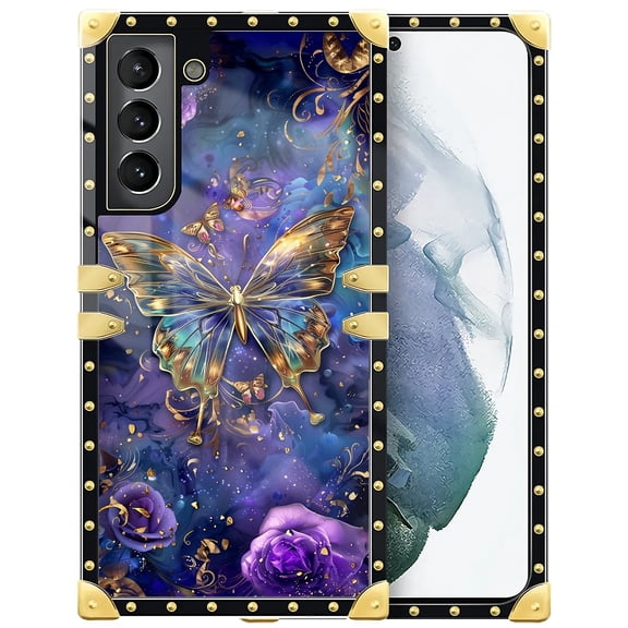 FKBRCL4U Compatible with Samsung Galaxy S21 Plus Case, Glistening Golden Butterfly Vibrant Purple Blue Luxury Golden Decoration for Girl Women Soft TPU Shockproof Protective Hard PC Back