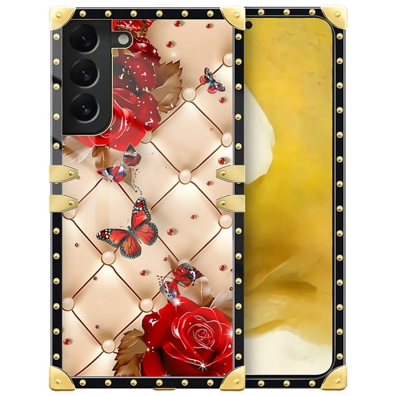 FKBRCL4U Compatible with Samsung Galaxy S22 Case, Shining Red Rose Butterfly Leather Background Luxury Golden Decoration for Girl Women Soft TPU Shockproof Protective Hard PC Back
