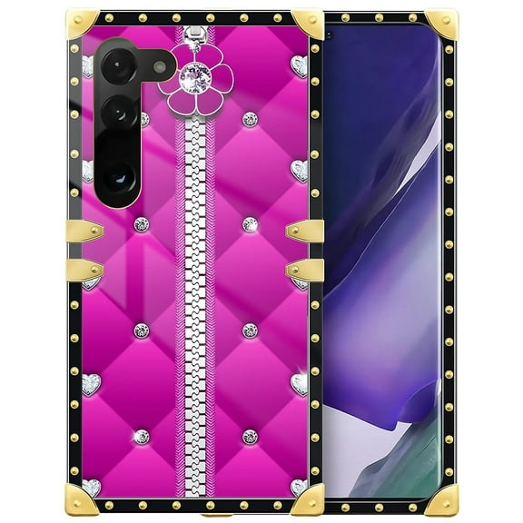 FKBRCL4U Compatible with Samsung Galaxy S23 Case, Glitter Pink Sofa Leather Zip Crystal Luxury Golden Decoration for Girl Women Soft TPU Shockproof Protective Hard PC Back