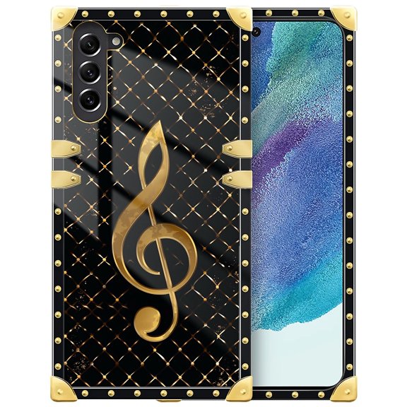 FKBRCL4U Compatible with Samsung Galaxy S23 Plus Case, Black Leather Background Gold Music Notes Luxury Golden Decoration for Girl Women Soft TPU Shockproof Protective Hard PC Back
