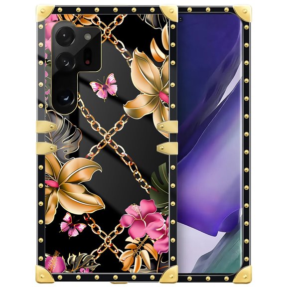 FKBRCL4U Compatible with Samsung Galaxy S23 Ultra Case, Pink Golden Chain Tropical Flower Luxury Golden Decoration for Girl Women Soft TPU Shockproof Protective Hard PC Back