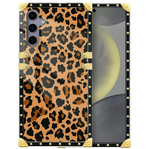 FKBRCL4U Compatible with Samsung Galaxy S24 S25 Case, Brown Leopard Texture Luxury Golden Decoration for Girl Women Soft TPU Shockproof Protective Hard PC Back