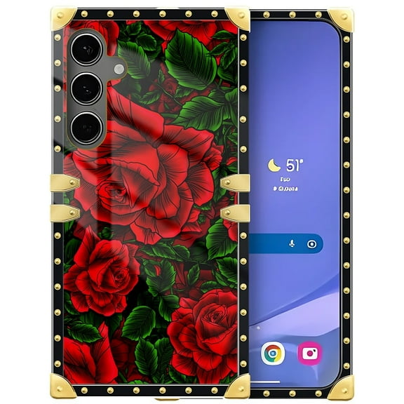 FKBRCL4U Compatible with Samsung Galaxy S24 Plus Case, Vector Red Rose Green Leaf Luxury Golden Decoration for Girl Women Soft TPU Shockproof Protective Hard PC Back