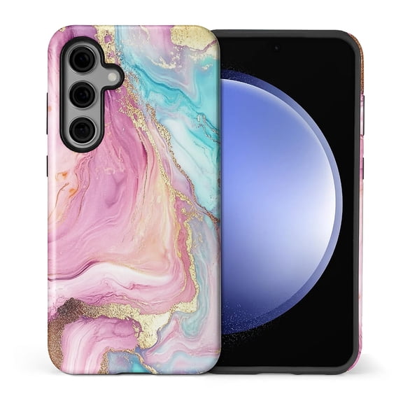 FKBRCL4U Compatible with Samsung Galaxy S25 Case Marble Art Pink Teal Golden Lines Pattern for Girl Full Body Design Soft Silicone Drop Shock Scratch Protection