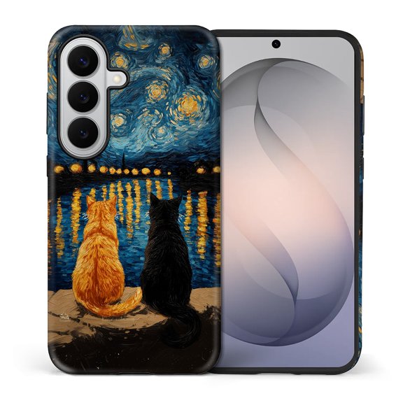 FKBRCL4U Compatible with Samsung Galaxy S26 Plus Matte Case Oil Painting Orange Black Cat Starry Night Pattern for Girl Full Body Design Soft Silicone Drop Shock Scratch Protection