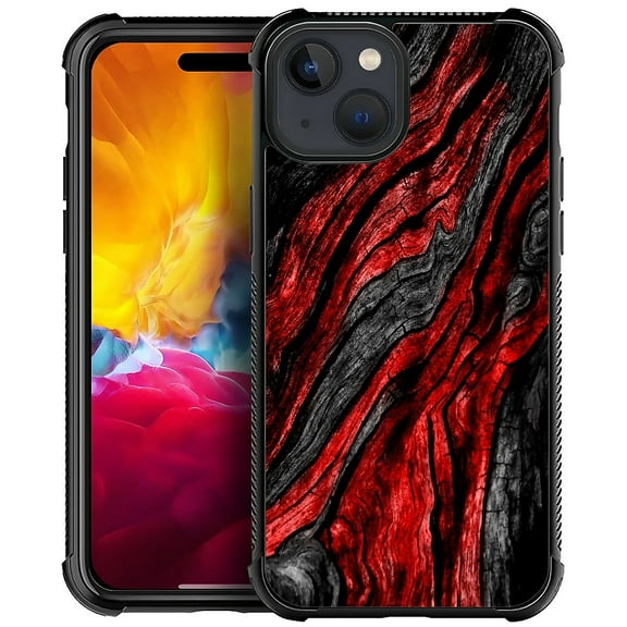 FKBRCL4U Compatible With iPhone 15 Case, Black Red Wood Grain Pattern For Girl Ultra Protection Shockproof Soft Silicone TPU Non-Slip Back
