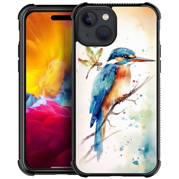 FKBRCL4U Compatible With iPhone 15 Case, Watercolor Bird Dragonfly Art Pattern For Girl Ultra Protection Shockproof Soft Silicone TPU Non-Slip Back