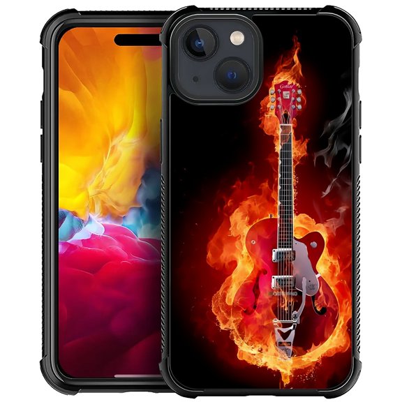 FKBRCL4U Compatible With iPhone 15 Plus Case, Red Burning Flame Guitar Pattern For Girl Ultra Protection Shockproof Soft Silicone TPU Non-Slip Back