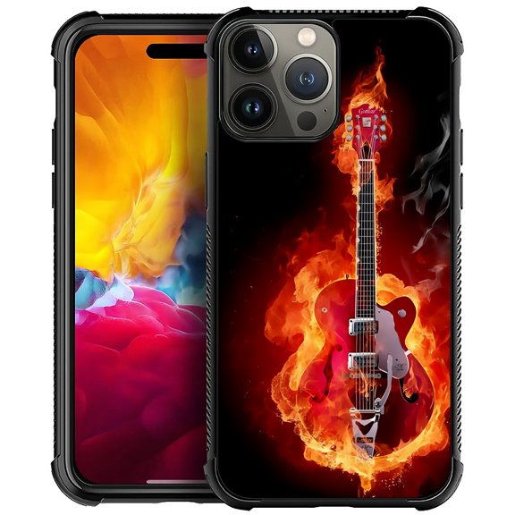 FKBRCL4U Compatible With iPhone 15 Pro Case, Red Burning Flame Guitar Pattern For Girl Ultra Protection Shockproof Soft Silicone TPU Non-Slip Back