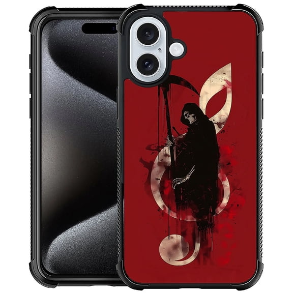 FKBRCL4U Compatible With iPhone 16 Case, Black Skull Reaper Music Red Pattern For Girl Ultra Protection Shockproof Soft Silicone TPU Non-Slip Back