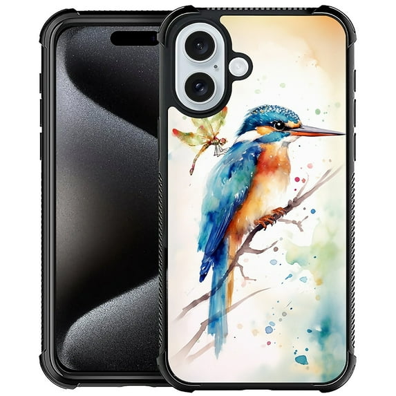 FKBRCL4U Compatible With iPhone 16 Case, Watercolor Bird Dragonfly Art Pattern For Girl Ultra Protection Shockproof Soft Silicone TPU Non-Slip Back