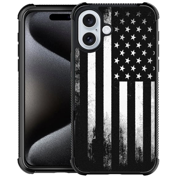FKBRCL4U Compatible With iPhone 16 Plus Case, Black Retro American Flag Pattern For Girl Ultra Protection Shockproof Soft Silicone TPU Non-Slip Back