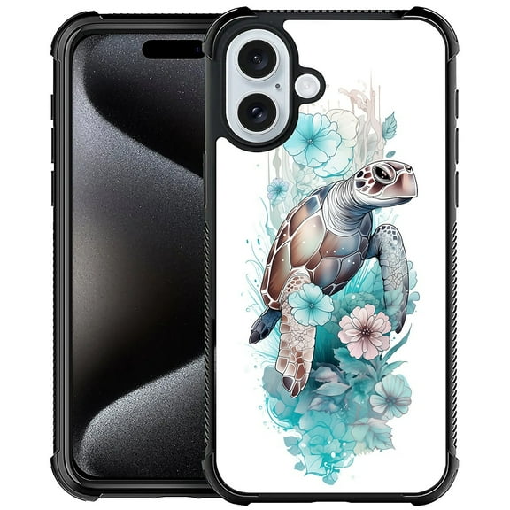 FKBRCL4U Compatible With iPhone 16 Plus Case, Cute Turtle Flower Blue Pattern For Girl Ultra Protection Shockproof Soft Silicone TPU Non-Slip Back
