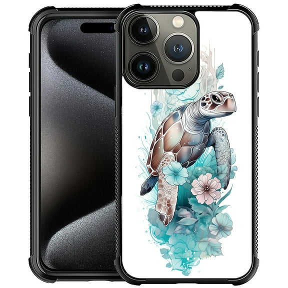 FKBRCL4U Compatible With iPhone 16 Pro Case, Cute Turtle Flower Blue Pattern For Girl Ultra Protection Shockproof Soft Silicone TPU Non-Slip Back