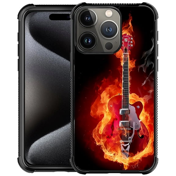 FKBRCL4U Compatible With iPhone 16 Pro Case, Red Burning Flame Guitar Pattern For Girl Ultra Protection Shockproof Soft Silicone TPU Non-Slip Back
