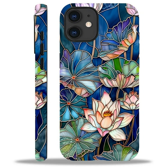 FKBRCL4U Compatible with iPhone 11 Matte Case, Stained Glass Lotus Flowers Leaves Pattern for Girl Full Body Design Soft Silicone Drop Shock Scratch Protection for iPhone 11