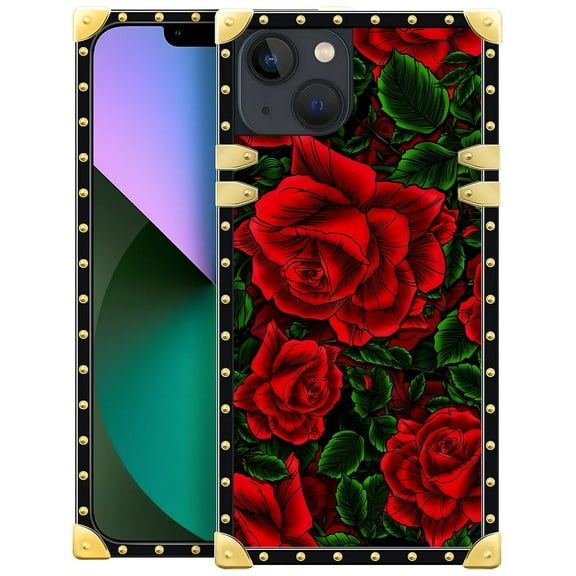 FKBRCL4U Compatible with iPhone 13 Case, Vector Red Rose Green Leaf Luxury Golden Decoration for Girl Women Soft TPU Shockproof Protective Hard PC Back
