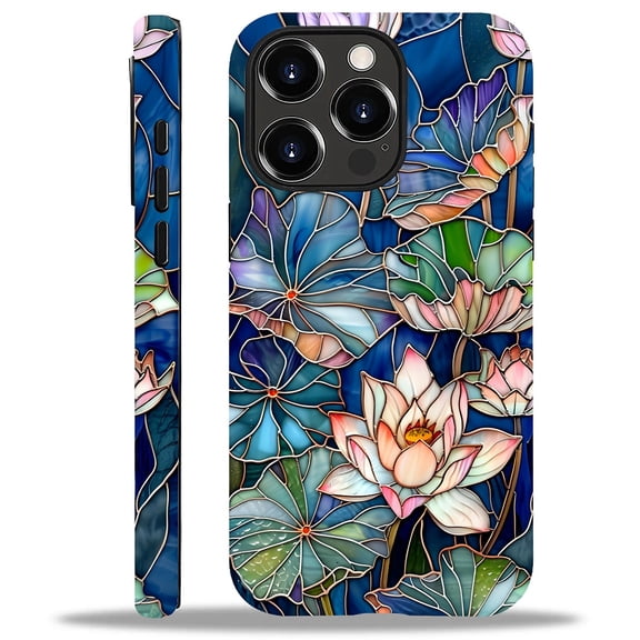 FKBRCL4U Compatible with iPhone 13 Pro Max Glossy Case, Stained Glass Lotus Flowers Leaves Pattern for Girl Full Body Design Soft Silicone Drop Shock Scratch Protection for iPhone 13 Pro Max