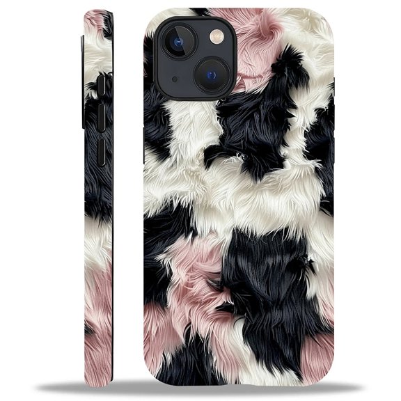 FKBRCL4U Compatible with iPhone 13/iPhone 14 Case, Black White Pink Cow Print Fur Rug Pattern for Girl Full Body Design Soft Silicone Drop Shock Scratch Protection for iPhone 13/iPhone 14