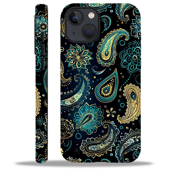 FKBRCL4U Compatible with iPhone 13/iPhone 14 Case, Green and Black Paisley Designs Pattern for Girl Full Body Design Soft Silicone Drop Shock Scratch Protection for iPhone 13/iPhone 14