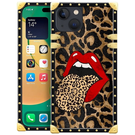 FKBRCL4U Compatible with iPhone 14 Case, Brown Leopard Print Mouth Luxury Golden Decoration for Girl Women Soft TPU Shockproof Protective Hard PC Back