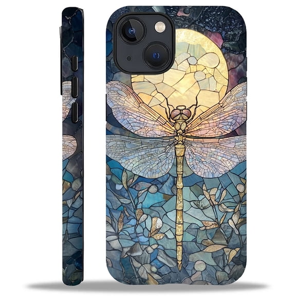 FKBRCL4U Compatible with iPhone 14 Plus Matte Case, Stained Glass Yellow Dragonfly Moon Pattern for Girl Full Body Design Soft Silicone Drop Shock Scratch Protection for iPhone 14 Plus