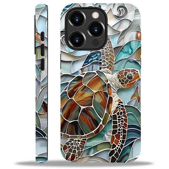 FKBRCL4U Compatible with iPhone 14 Pro Glossy Case, Sea Turtle Ocean Stained Glass Pattern for Girl Full Body Design Soft Silicone Drop Shock Scratch Protection for iPhone 14 Pro