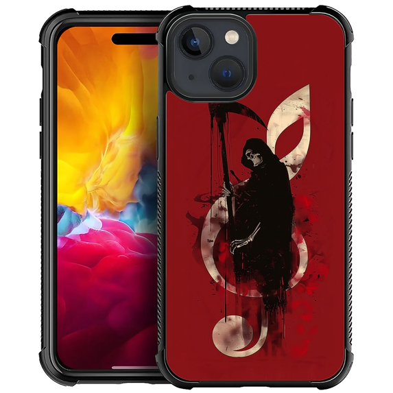 FKBRCL4U Compatible With iPhone 15 Plus Case, Black Skull Reaper Music Red Pattern For Girl Ultra Protection Shockproof Soft Silicone TPU Non-Slip Back