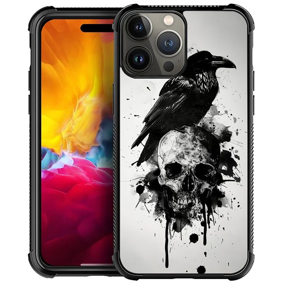 FKBRCL4U Compatible With iPhone 15 Pro Max Case, Black WhiteScary Crow Skull Skeleton Pattern For Girl Ultra Protection Shockproof Soft Silicone TPU Non-Slip Back