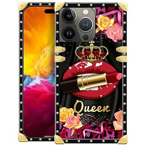 FKBRCL4U Compatible with iPhone 15 Pro Max Case, Queen Lip Crown Leopard Print Luxury Golden Decoration for Girl Women Soft TPU Shockproof Protective Hard PC Back