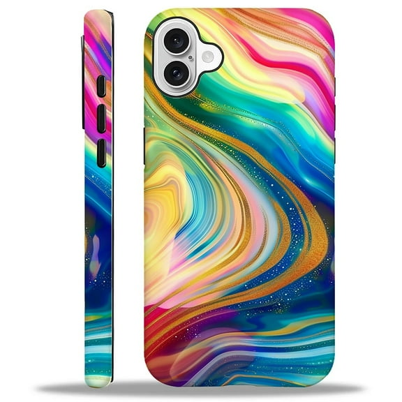 FKBRCL4U Compatible with iPhone 16 Case, Golden Glitter Rainbow Colored Swirls Pattern for Girl Full Body Design Soft Silicone Drop Shock Scratch Protection for iPhone 16