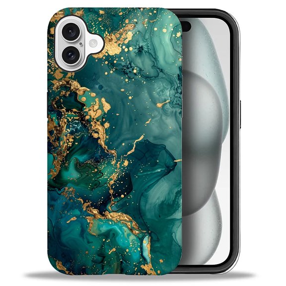 FKBRCL4U Compatible with iPhone 16 Case, Teal and Gold Marble Pattern for Girl Full Body Design Soft Silicone Drop Shock Scratch Protection for iPhone 16