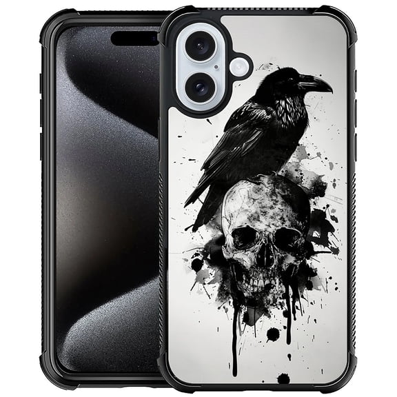 FKBRCL4U Compatible With iPhone 16 Plus Case, Black WhiteScary Crow Skull Skeleton Pattern For Girl Ultra Protection Shockproof Soft Silicone TPU Non-Slip Back
