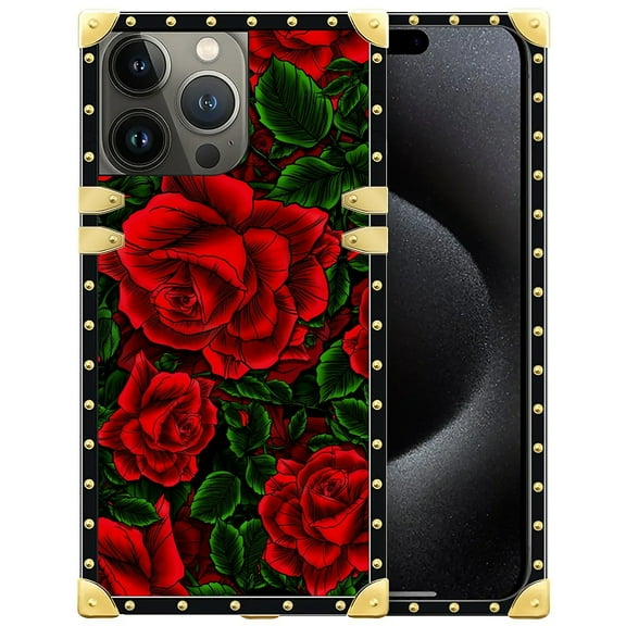 FKBRCL4U Compatible with iPhone 16 Pro Case, Vector Red Rose Green Leaf Luxury Golden Decoration for Girl Women Soft TPU Shockproof Protective Hard PC Back