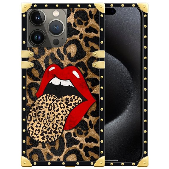 FKBRCL4U Compatible with iPhone 16 Pro Max Case, Brown Leopard Print Mouth Luxury Golden Decoration for Girl Women Soft TPU Shockproof Protective Hard PC Back
