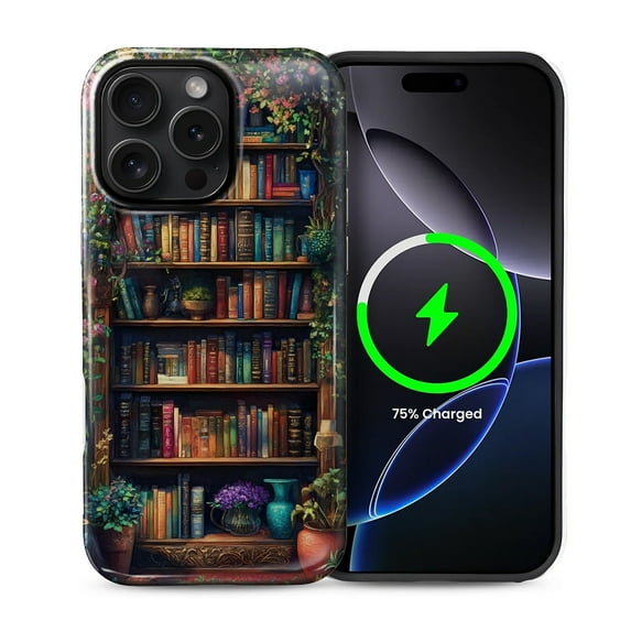 FKBRCL4U for iPhone 14 Pro Max Compatible with Magsafe Case Retro Vintage Dark Bookshelf Plants Pattern for Girl Boy Full Body Magnetic Design Soft Silicone Protection