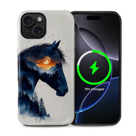 FKBRCL4U for iPhone 15 Compatible with Magsafe Case Ink Black Horse Sunset Mountain Forest Pattern for Girl Boy Full Body Magnetic Design Soft Silicone Protection