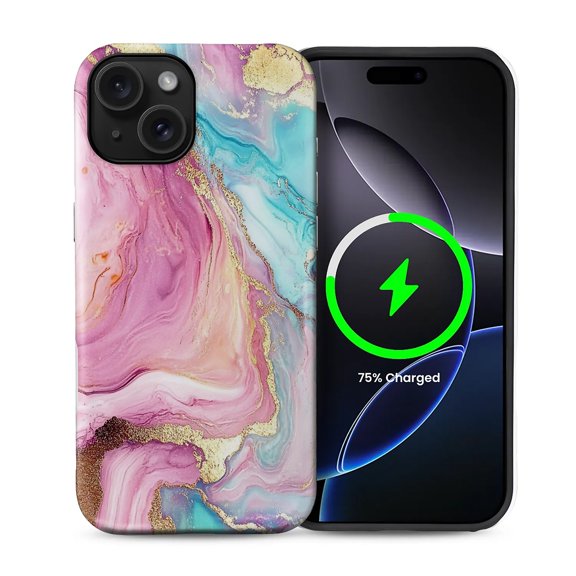 FKBRCL4U for iPhone 15 Plus Compatible with Magsafe Case Marble Art Pink Teal Golden Lines Pattern for Girl Boy Full Body Magnetic Design Soft Silicone Protection