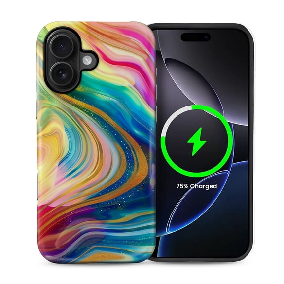 FKBRCL4U for iPhone 16 Compatible with Magsafe Case Golden Glitter Rainbow Colored Swirls Pattern for Girl Boy Full Body Magnetic Design Soft Silicone Protection